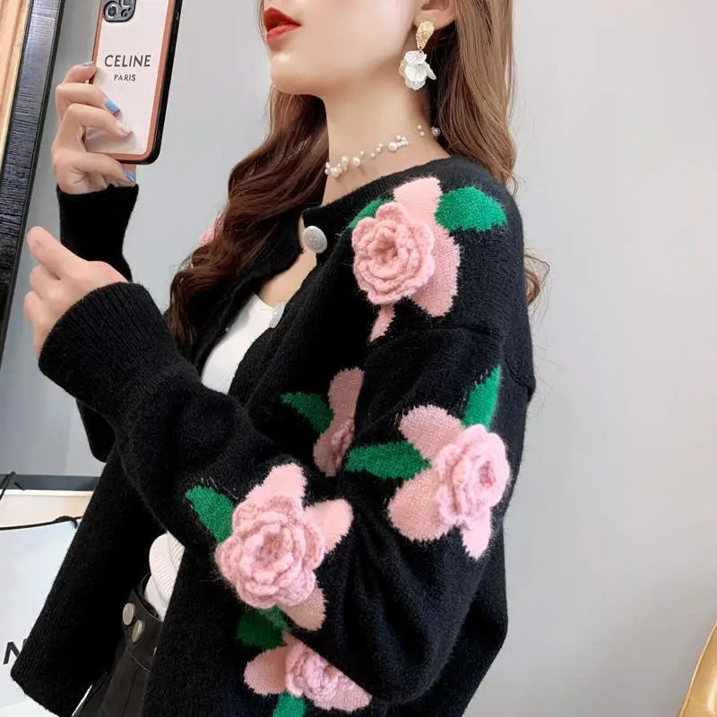 Sweater Female 2023 Spring and Autumn Knitwear Women Heavy Industry Rose Blossom Embroidery Contrast Sweater Coat Cardigan