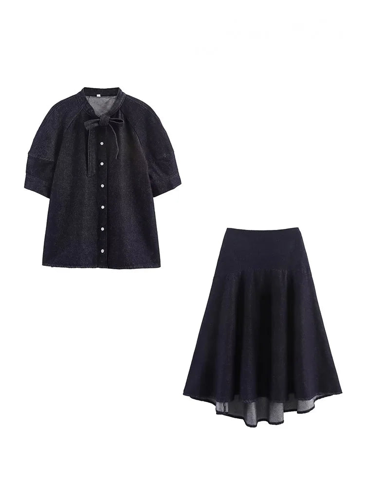 HH Women Casual Suits Bow Decoration Single-breasted Shirt+Zipper Pleated Elastic Waist Midi Skirt Denim Solid Skirt Sets