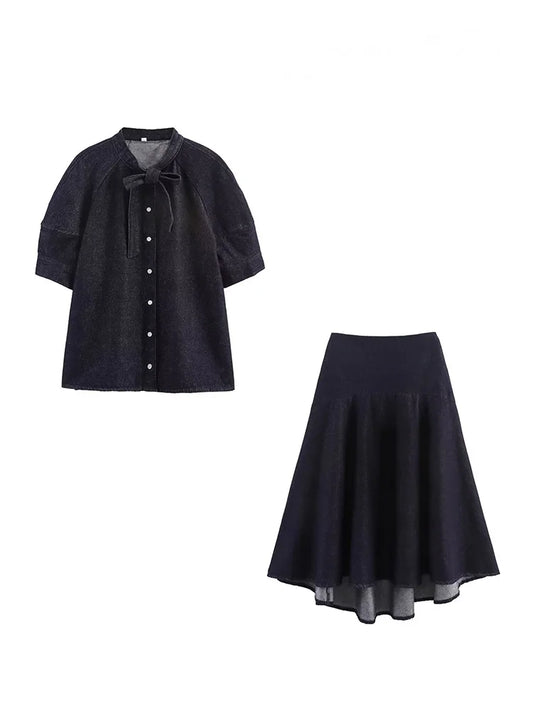 HH Women Casual Suits Bow Decoration Single-breasted Shirt+Zipper Pleated Elastic Waist Midi Skirt Denim Solid Skirt Sets