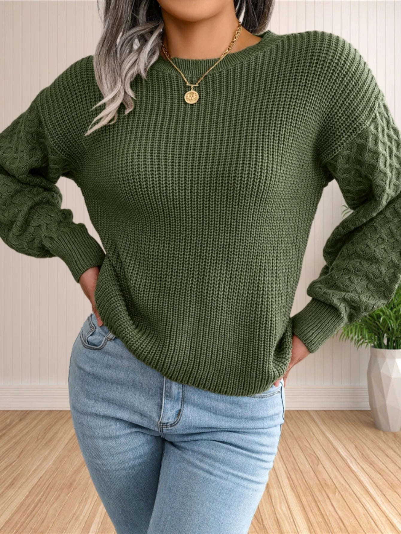 Sweater for Women Cable Knit Crew Neck Long Sleeves Fashion Casual Pullover Sweater Tops
