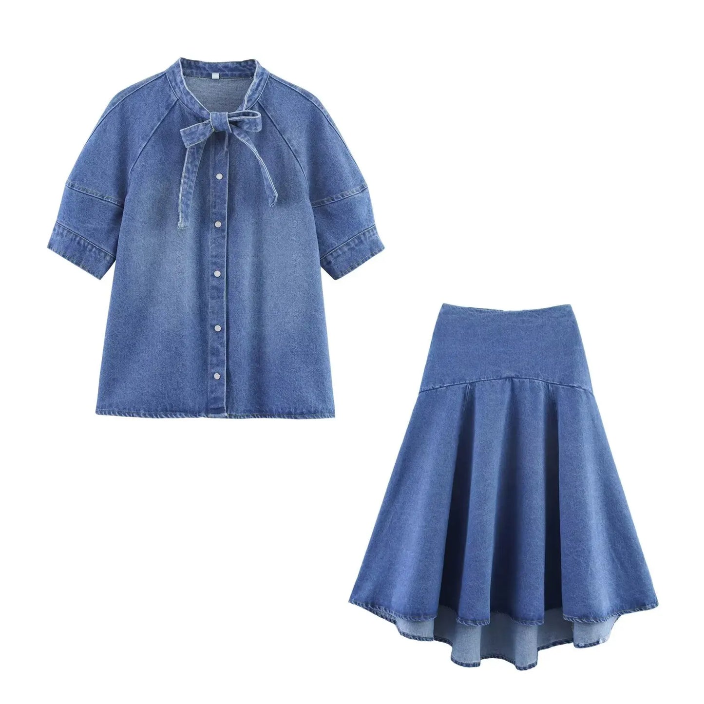 HH Women Casual Suits Bow Decoration Single-breasted Shirt+Zipper Pleated Elastic Waist Midi Skirt Denim Solid Skirt Sets