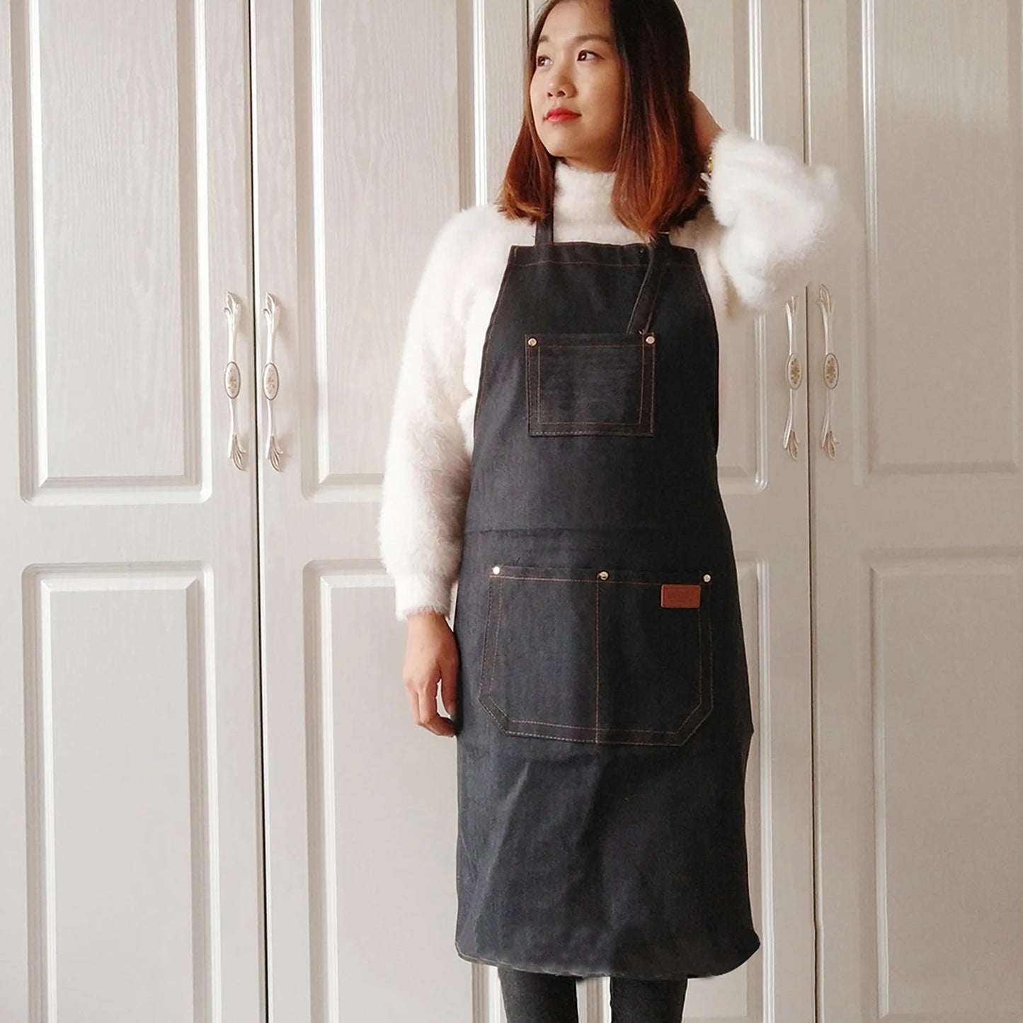 Denim Apron Salon Working Clothes Barber Cloth Kitchen Cooking Grill Restaurant Bar Shop Cafes Baking Beauty Nails Uniform