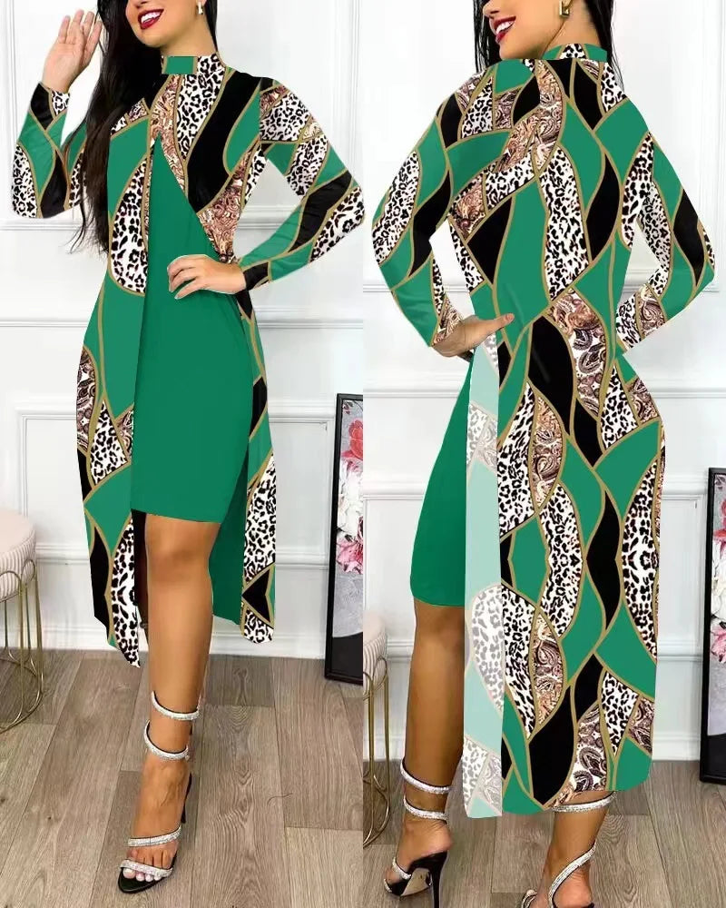Two Piece Set Women Print Dresses Sets Full Sleeve Half High Collar Split Cardigan Dress Suits Elegant A Line Office Lady Y2k