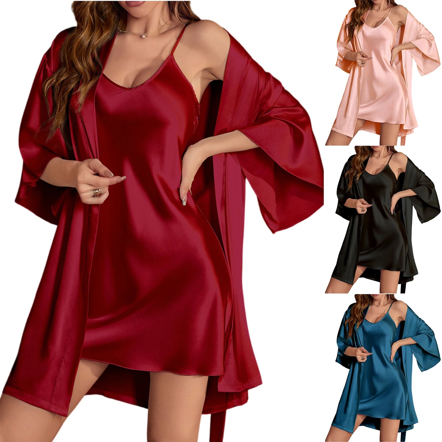 Women's Sexy Two-Piece Pajamas Ice Silk Suspender Nightdress Robe Summer Casual Home Wear Ladies' Loose Comfortable Nightgown