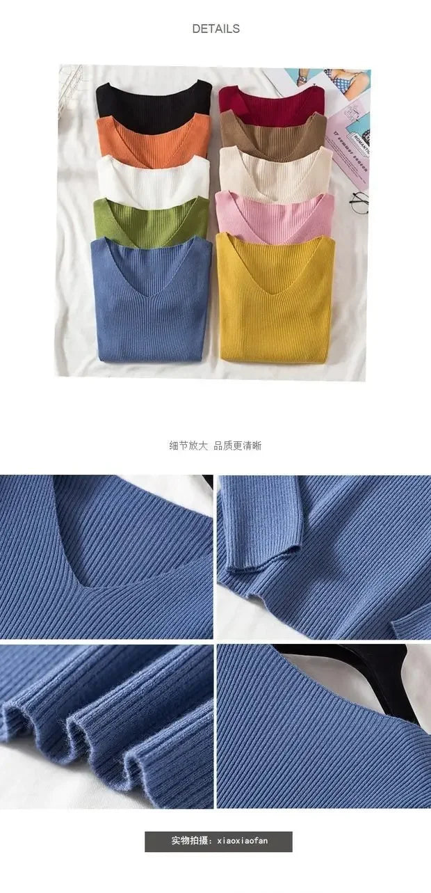 Women Sweater 2026 New Autumn Winter Long Sleeve Pullover Basic Top Fashion V-neck Elastic Female Winter Solid Knitted Jumper