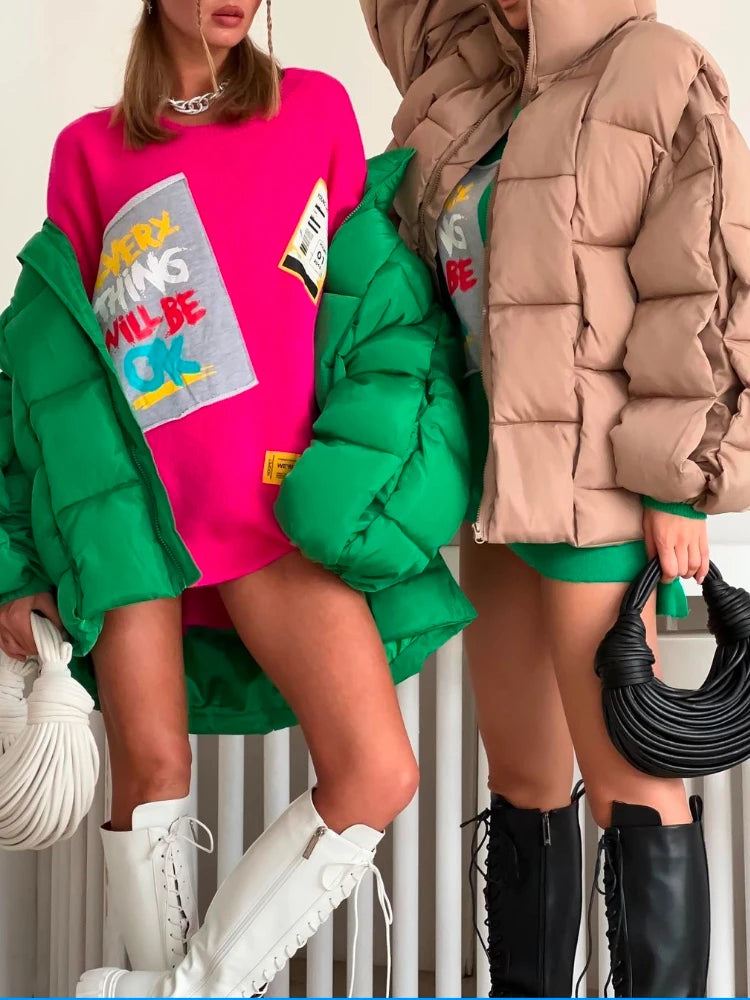 Winter Jackets for Women 2025 Thick Warm Loose Fashion Quilted Jacket Women Interchange Design High Street Green Winter Coat