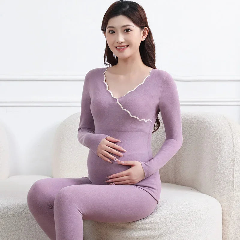 Winter Maternity Padded Warm Pajamas Pregnant Women's Homewear with Cups No Need to Wear Bra Breastfeeding Bottoming Underwear