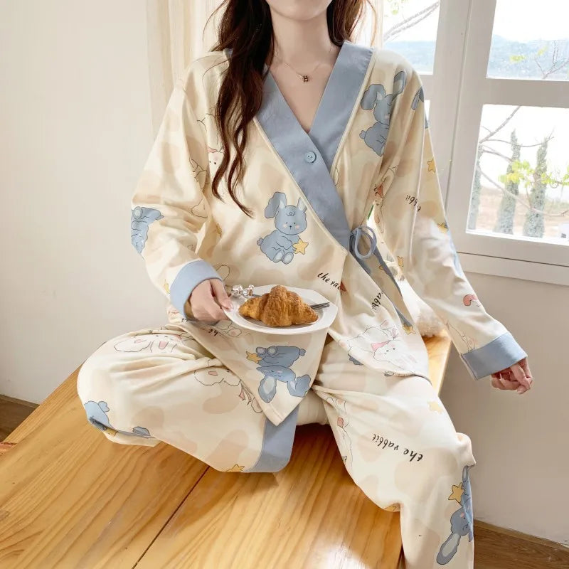 Menstrual Wear Spring, Fall and Summer Thin Postpartum Sweat Absorbent Maternity Pajamas Adjustable Breastfeeding Home Wear