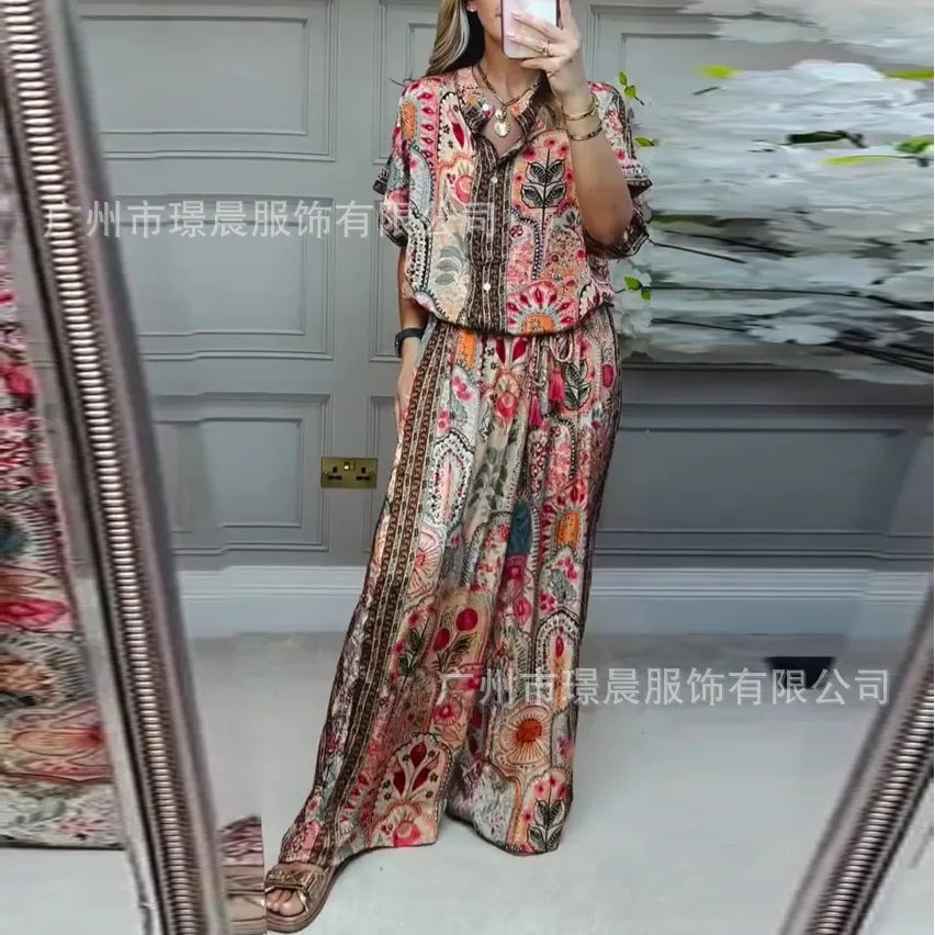 Woman 2 Piece Set Outfit New Summer Fashion Casual Loose Printed Short-sleeved Top + Wide-leg Trousers Two-piece Suit For Women
