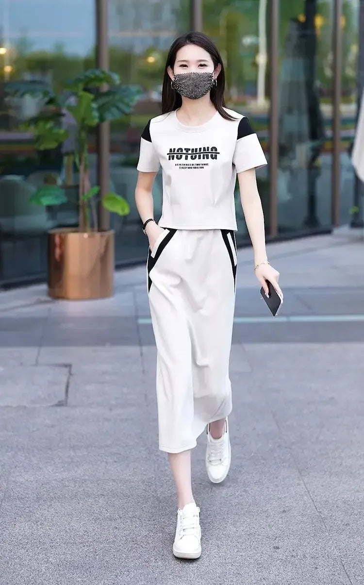 Women's Two Piece Set Short Sleeve Lightly Cooked Slit Skirt Luxury Designer Clothing Y2k Clothes Top and Bottom Female Outfits