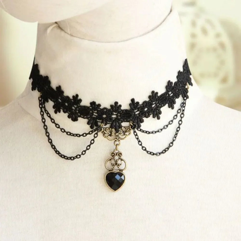 Sexy Black Lace Necklace Vintage Gothic Necklace Steampunk Style Beads Pendant Exquisite Women Choker Fashion Jewelry