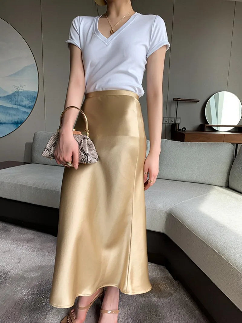 Elegant Skirts for Women Satin High Waisted 2025 New Slim Fit Long Skirt Fashion Temperament Simple Versatile Grey Black Skirts