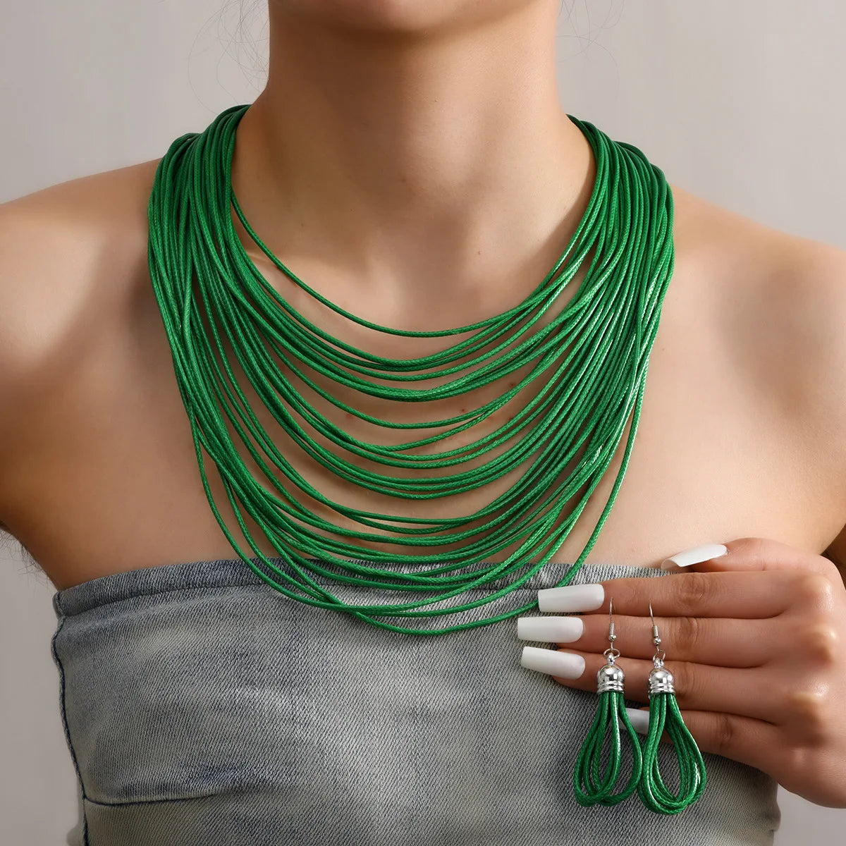 Jewelry Sets for Women, Multi-layer Wax Thread Hand-woven Necklace, Fashion and Personality Choker + Dangle Earrings