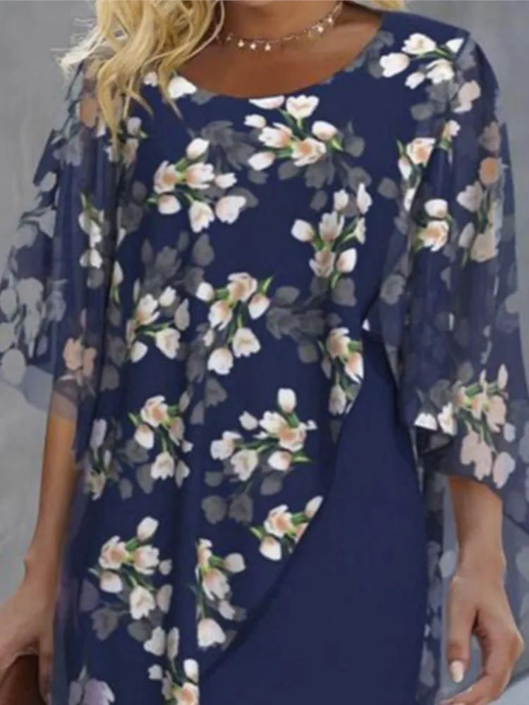 Elegant O-neck Half-sleeved 2-piece Dress For Women Autumn Fashion Irregular Suit Flower Printing Loose Dresses Female