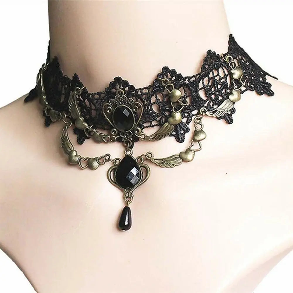 Sexy Black Lace Necklace Vintage Gothic Necklace Steampunk Style Beads Pendant Exquisite Women Choker Fashion Jewelry