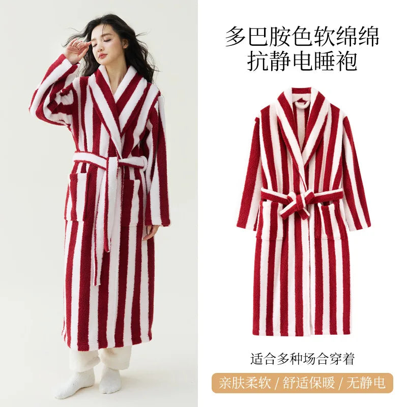 2025 New Autumn/Winter Women's Sleepwear Thick Velvet Warm Robe Couple Coral Velvet Striped Lengthed Home Clothes Bathrobe