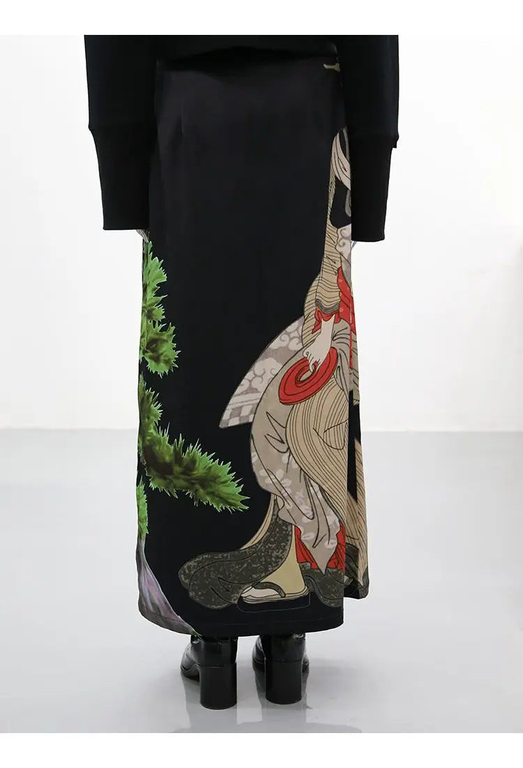 Skirts Women Cool Design Side-Slit Retro Leisure Simple Chinese Style Print All-match Comfortable High Waist Fashion Streetwear