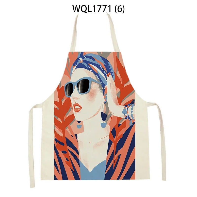 Kitchen Apron Modern Girl Plants Pattern Linen Aprons for Women Men Household Cleaning Apron Cooking Baking Accessories
