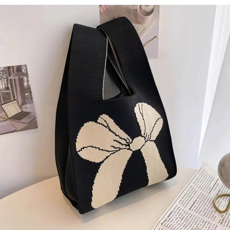 Women's Bow Handbags Women's Knitted Handbags Versatile Wrist Bags Tote Bags Top-Handle Bags Mini Striped Tote Bucket Phone Bag