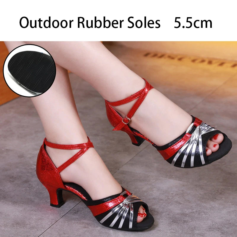 Women's Bachata Swing Salsa Latin Ballroom Dance Shoes Outdoor High Heels Peep Toe Performance Latin Dance Shoes for Woman