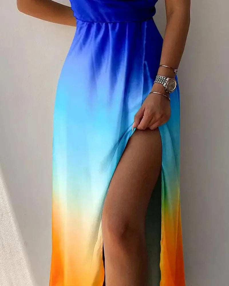 Elegant Women Sexy Dresses Summer Fashion Print Gradient Solid Out Off Shoulder V-Neck Female Camisole Dress Bandage Dress