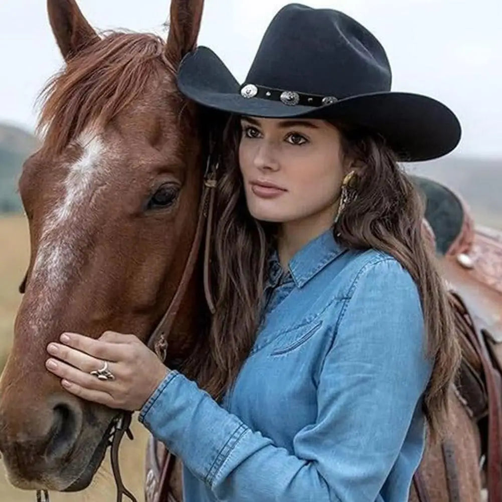 Felt Cowboy Hat for Women Men Rolled Wide Brim Cowboy Hats Western Hat with Buckle Belt Cowboy Cowgirl Hat