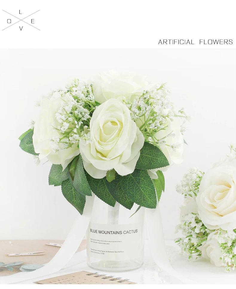 Bridal Bridesmaids Bouquets with Bowknot Ivory Roses Silk Flowers Bouquet for Valentine's Day Marriage Wedding Bride Photography