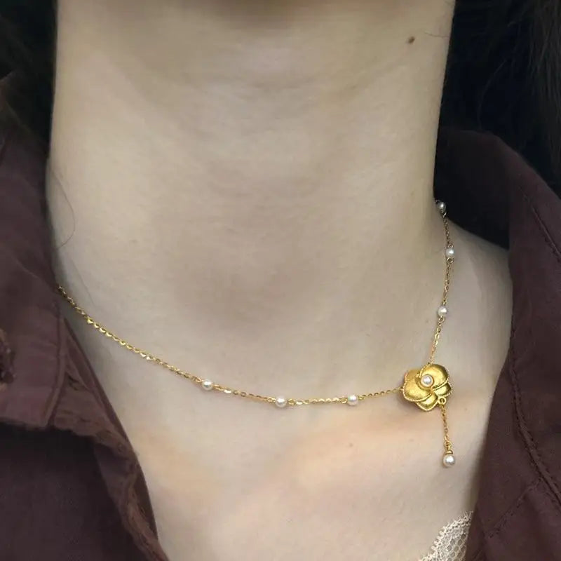 Rich and exquisite velvet gardenia pearl necklace antique gold craftsm brushed pearl collar chain tassel wedding jewelry