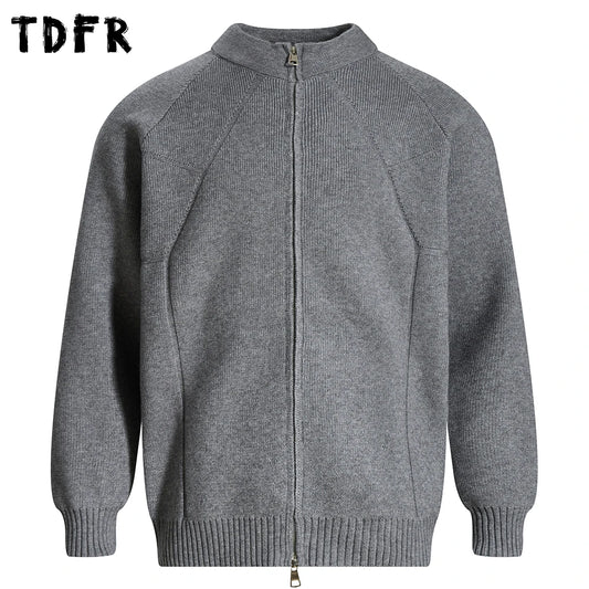 Spliced Sweatercoat Mens Autumn Winter Casual Loose Raglan Sleeve Stand Collar Long Sleeve Knitted Sweater Outerwear Man