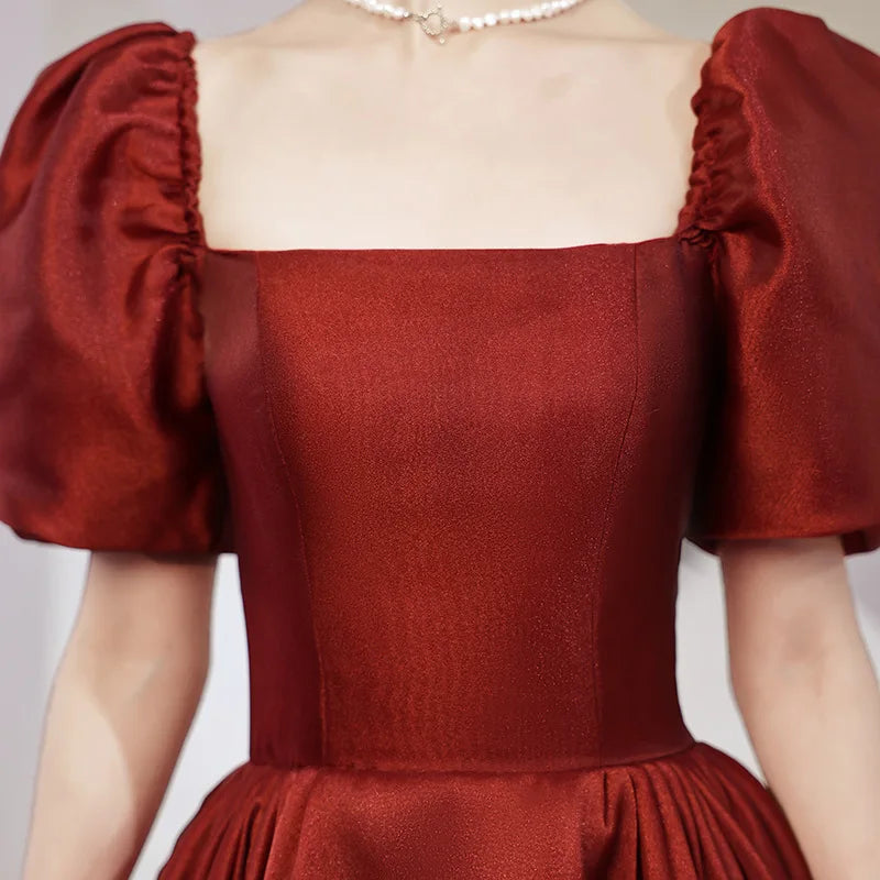 Bridal Engagement Toast Dress With Bubble Sleeves Wine Red Engagement Banquet Elegant Dress Formal Attire Customized