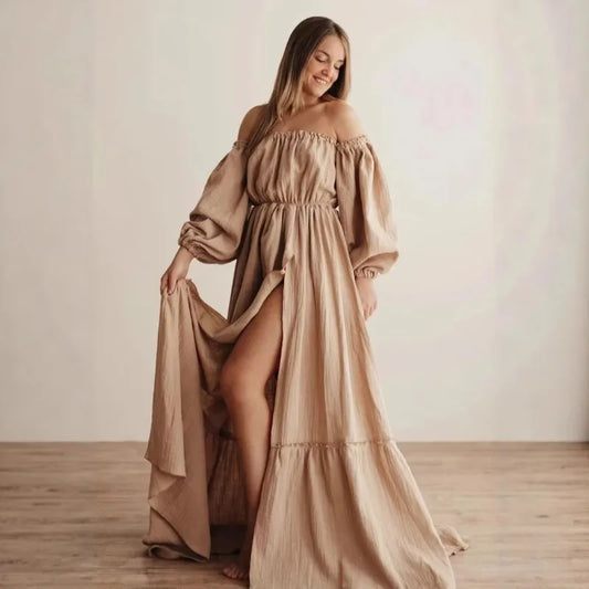 Maternity Photoshoot Dress - Sexy Off-Shoulder Gown Playful Puff Sleeves & Leg-Baring Slit Clothes for Pregnant Women Photograph