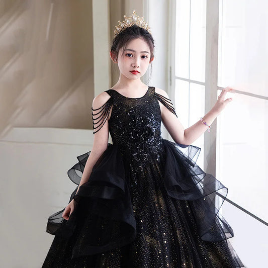 Teenagers Kids Long Gowns Dresses Children Fashion Stereoscopic Flower Dresses Elegant Girls Formal Prom Dresses Birthday