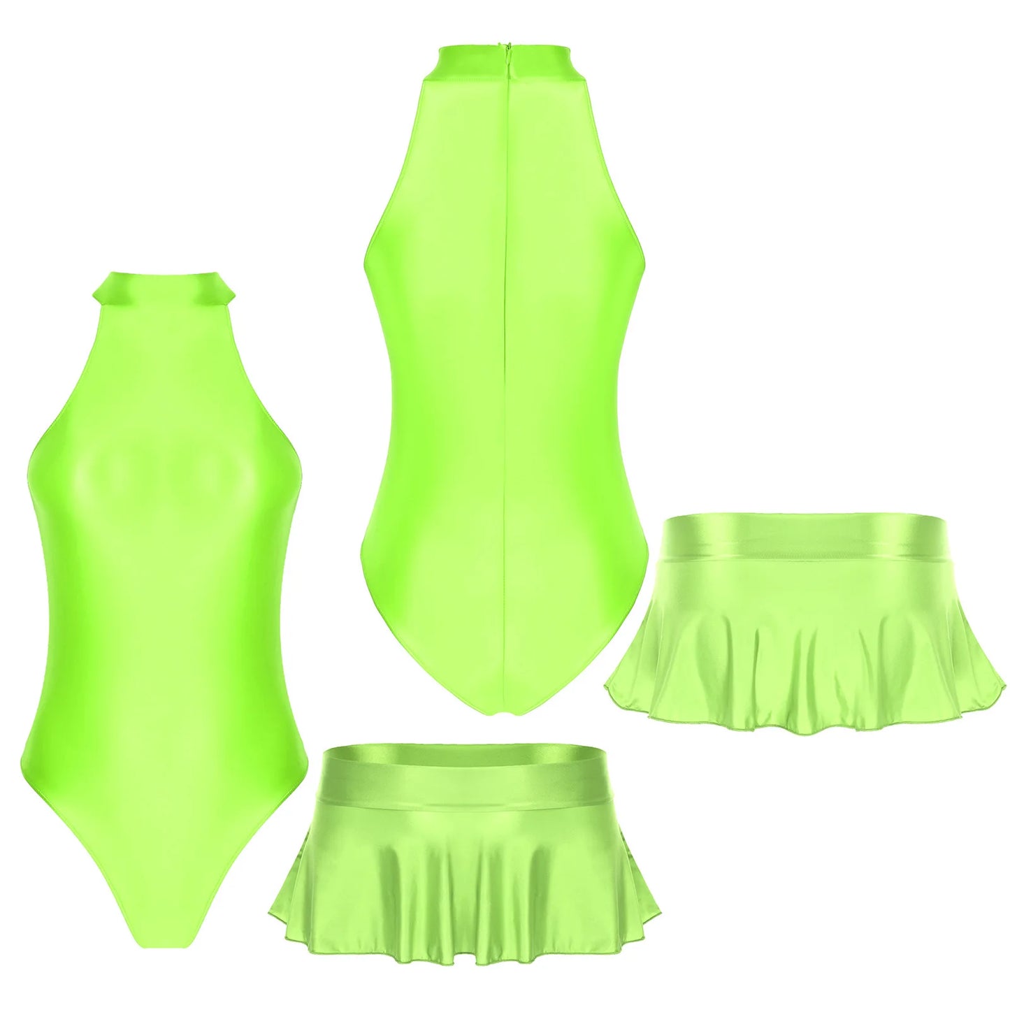Women Glossy Bodysuit Swimsuit Set Elastic Sleeveless High Cut Leotard with Ruffled Mini Skirt Swimming Bathing Suit Swimwear