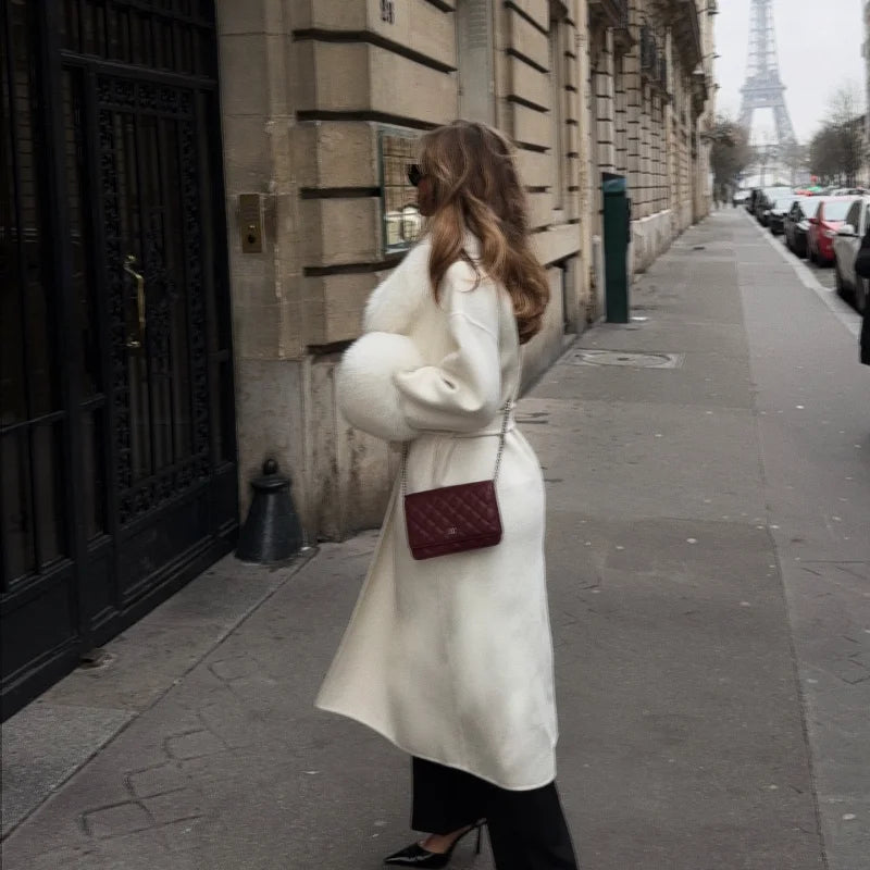 Winter Jacket Women Long Natural Wool Blends Cashmere Faux Fur Coat Lace Up Belt Warm Wool Oveercoat New Streetwear 2025