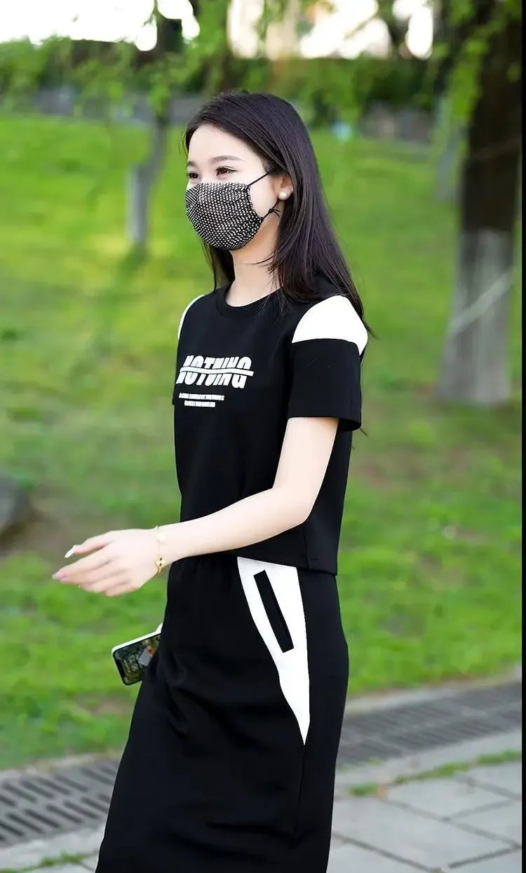 Women's Two Piece Set Short Sleeve Lightly Cooked Slit Skirt Luxury Designer Clothing Y2k Clothes Top and Bottom Female Outfits