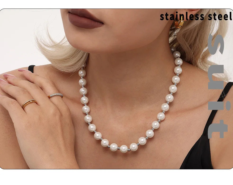 Necklace for Women No Fade Clavicle Chain 12mm White Shell Beaded Stainless Steel Charm Female Jewelry Gift