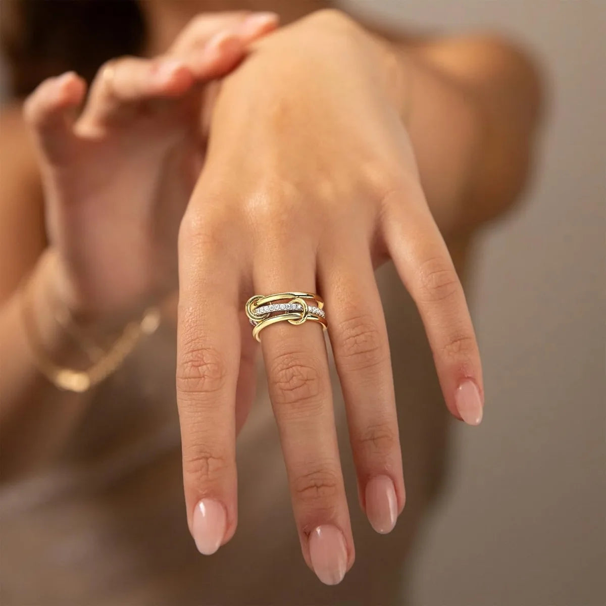 A Three-Ring Two-Color Stacking Ring, Copper Jewelry Inlaid With Zircon, Street Hip-Hop Style Hypoallergenic, Suitable For Women