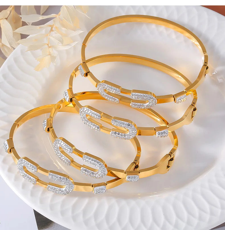 Stainless Steel Bracelet Bangles For Women Gold Plated With Zircon Waterproof Women's Hand Bracelets Bangle Luxury Woman Jewelry