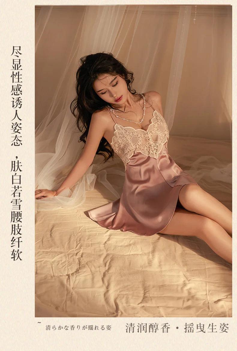 Women's Sleepwear Night Dress Backless Sexy Lingerie Nightgowns Sexy Lace Nightwear V-Neck Sling Nightdress Sleeveless Homewear