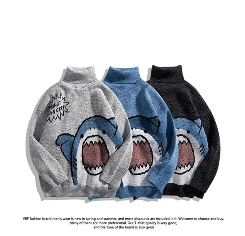 Shark Sweater Men Winter Cartoon Harajuku Korean Y2k Oversized Turtleneck Hip Hop Loose Knit Jumper Pullover High Collar Sweater