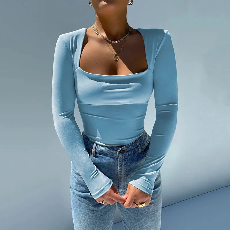 Sexy Bodysuit Long Sleeve Women Body Streetwear Drop shipping Fore Fair Bodycon Square Neck Sheath Crotch Basic Overalls