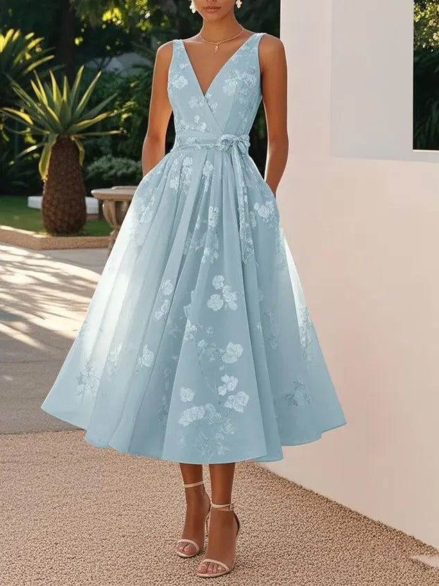 Stylish Temperament Printed Dress Elegant V-neck Mesh Sleeveless Waist Cinched Bow Dress Summer Women Long Dress Formal Dress