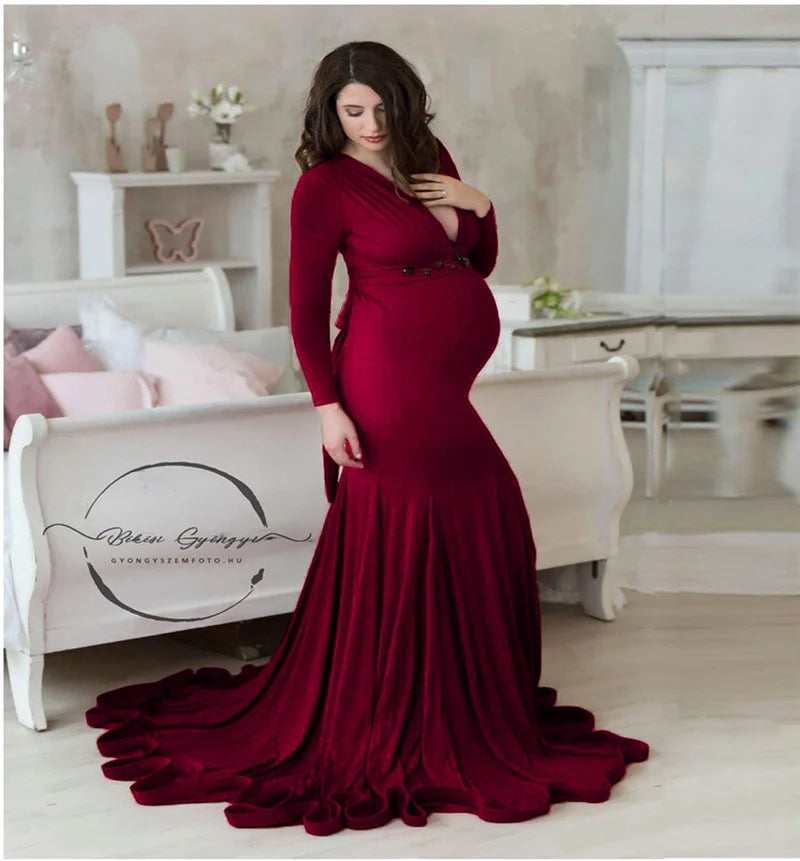 2024 Elegant Maternity Dresses For Photo Shoot Pregnant Women Dress Long Sleeve V-Neck Pregnancy Photography Shower Dress