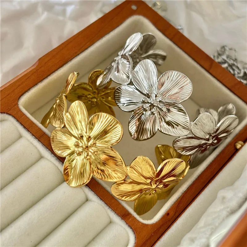Bohemian Flower Bangles For Women Stainless Steel Wide Bracelet Chunky Flora Cuff Bangle Couple Jewelry Valentine's Day Gifts