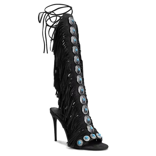 Sandalias Mujer  2025 Summer Women Sandals Peep Toe Sexy Lace Up Knee High Shoes Zapatos De Mujer High Heels
