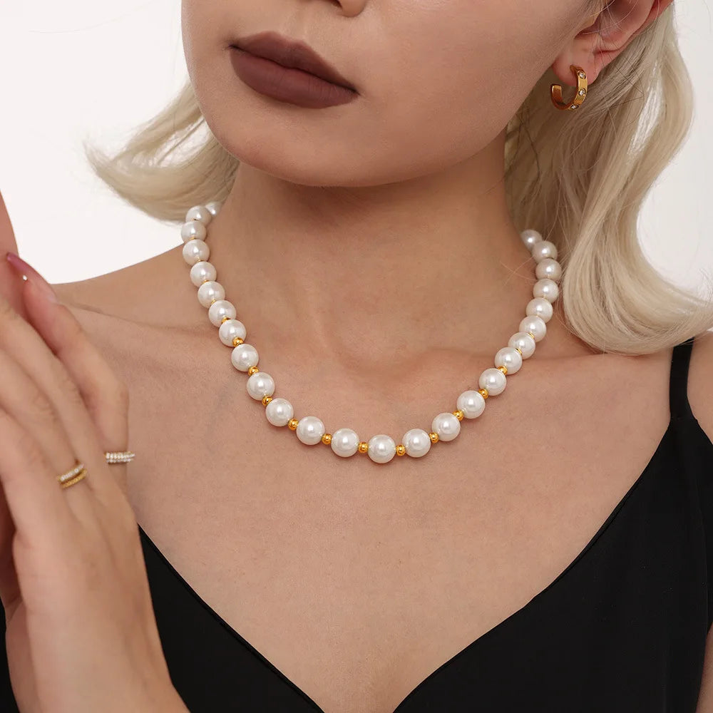 Necklace for Women No Fade Clavicle Chain 12mm White Shell Beaded Stainless Steel Charm Female Jewelry Gift