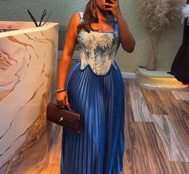 Elegant Party Dresses Woman Sexy New Sweet and Fresh Printed Waist Collection Tank Top High Waist Pleated Skirt Two Piece Set