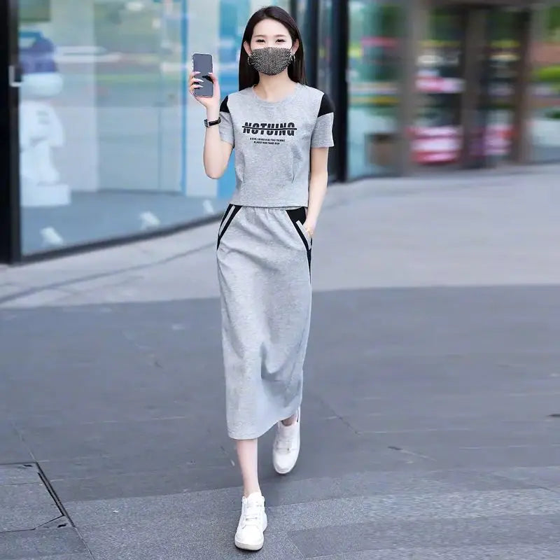 Women's Two Piece Set Short Sleeve Lightly Cooked Slit Skirt Luxury Designer Clothing Y2k Clothes Top and Bottom Female Outfits