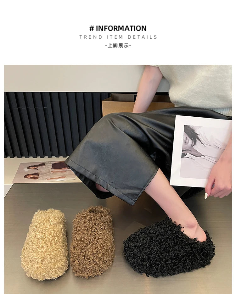Shoes Woman 2025 Cover Toe Slippers Casual Platform Fur Flip Flops Pantofle Luxury Plush New Slides Shoes Woman 2024 Plush Slipp