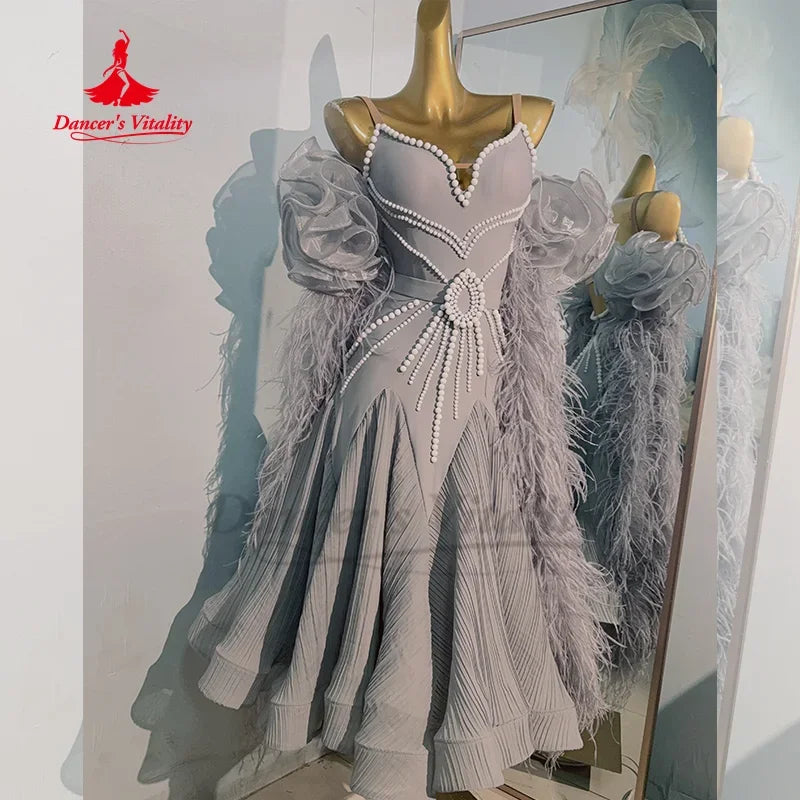 Modern Dance Performance Costume High-end Luxury Feather Backless Dress Adult and Children's Ballroom Dance Competition Clothing